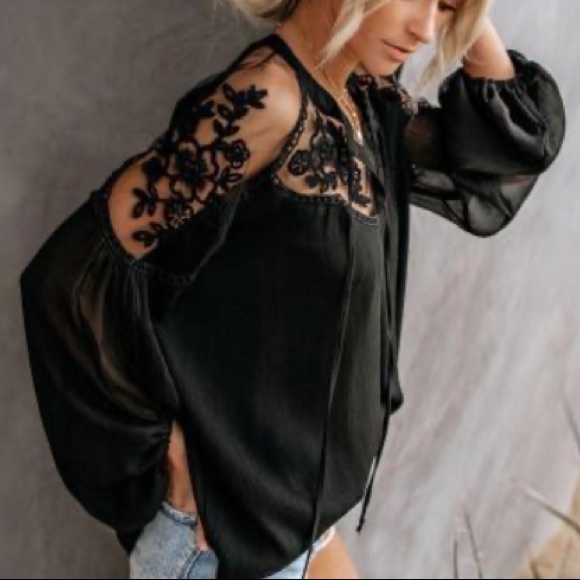 Black Lace Peasant Blouse - Picture 2 of 4